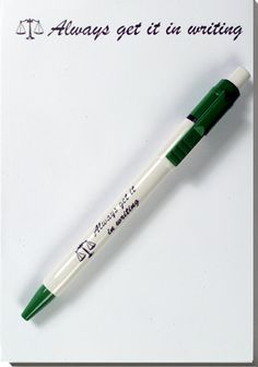 a green and white pen sitting on top of a piece of paper with the words always get it's writing