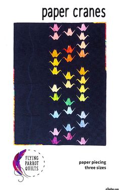 an advertisement for flying parrot quilts featuring origami cranes on a black background