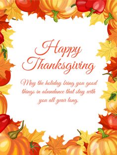 a thanksgiving card with pumpkins and leaves in the center, on a white background