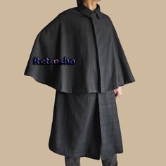 "Mens  Inverness Cape - 100% wool, Halloween black coat, gothic black coat, Men's Halloween coat black, steampunk coat This Inverness doesn't has arms! please confirm whether you need arms or just arm holes. Looking forwrd to your order confirmation. Cloak and swagger! It's no secret that our Walnut Wool Inverness Cape gives a gentleman some legit cobblestone street cred. In the Victorian era, Inverness cloaks were the preferred formal overcoat to wear in rain, sleet and snow. The focal points o Inverness Cape, Wool Cloak, Steampunk Coat, Black Steampunk, Cobblestone Street, Cape Designs, Frock Coat, Order Confirmation, Focal Points