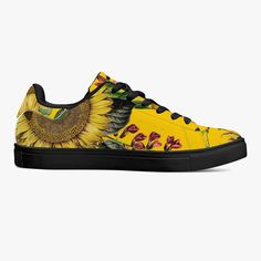 Step into style and comfort with Jacki Easlick Sunflowers Low-Top Leather Sneakers. Featuring a vibrant sunflower design on genuine leather, these sneakers will keep you light on your feet while adding a splash of playful charm to any outfit. All-over-print leather upper with mesh lining Comes in White or Black soles Soft EVA padded insoles Classic eyelets and lace-up closure design Unisex Spring Leather Canvas Shoes For Streetwear, Spring Streetwear Leather Canvas Shoes, Custom Low-top Summer Sneakers With Rubber Sole, Custom Low-top Sneakers With Rubber Sole For Summer, Custom Leather Sneakers With Round Toe For Spring, Custom Leather Sneakers For Spring, Spring Streetwear Custom Leather Sneakers, Trendy Leather Skate Shoes For Spring, Summer Custom Low-top Sneakers With Rubber Sole