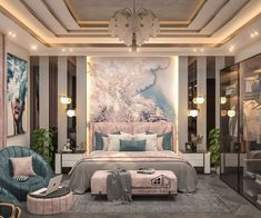 a bedroom with a large painting on the wall next to a bed and two chairs