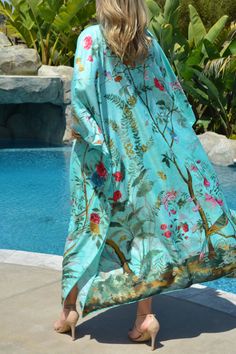 Designer Print Silk Caftan Aqua Blue Silk Caftan Full Length | Etsy Silk Caftan Dress, Bohemian Style Kimono, Royal Robes, Dreamy Wardrobe, Long Silk Dress, Moda Kimono, Max Dresses, Yacht Rock, Kaftan Styles