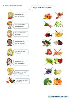 fruits and vegetables are shown in this worksheet for kids to learn how to read them