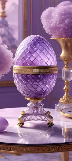 a purple ball sitting on top of a table next to two vases and candles