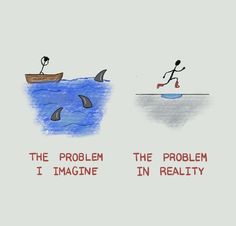 two cartoon images one with a man in a boat and the other with a shark