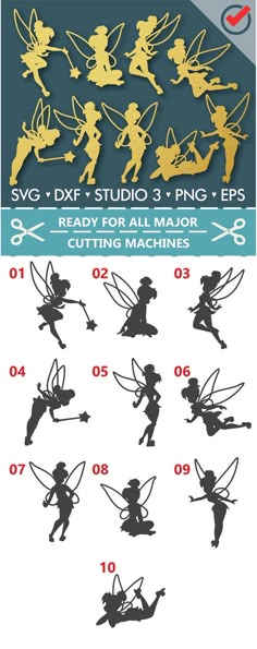 the silhouettes of tinkerbells are shown in different sizes and colors, with numbers