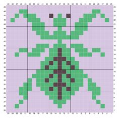 a cross stitch pattern in green and black on a purple background, with squares arranged around it