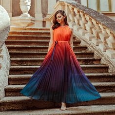 Gradient oversized skirt, crewneck, sleeveless tie dress Pleated Outfit, Sunset Gradient, Big Dresses, Ombre Dress, Salwar Kamiz, Indian Gowns, Stylish Party Dresses, Pleated Maxi Dress, Pleated Maxi