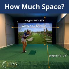 a woman hitting a golf ball on a simulator course with the text how much space?