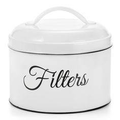 a white casserole with the word fillers on it's lid and handle