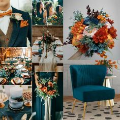 a collage of photos with orange, blue and green wedding colors in different styles