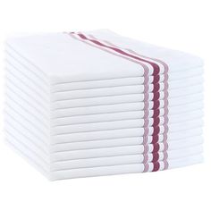 a stack of white and red napkins