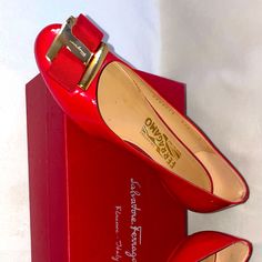 Red Ferragamo Flats Size 5 Worn Red Leather Evening Flats, Red Leather Flats For Evening, Formal Closed Toe Flats With Red Sole, Red Flat Heels With Leather Sole, Red Round Toe Flats For Evening, Elegant Red Flats With Rubber Sole, Luxury Red Flat Heels, Red Almond Toe Flats With Leather Sole, Elegant Leather Flats With Red Sole