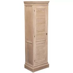 a tall wooden cabinet with shutters on the front and bottom doors, sitting against a white background