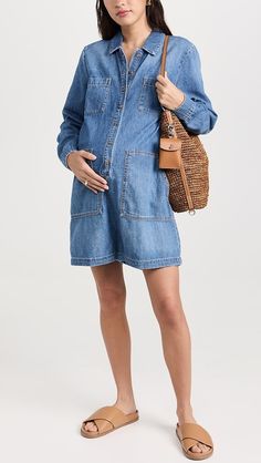 HATCH The Denim Utility Romper | Shopbop Dark Wash Chambray Denim Jacket For Fall, Relaxed Fit Chambray Denim Jacket For Fall, Chambray Denim Jacket With Relaxed Fit For Fall, Cotton Button-up Denim Dress With Pockets, Spring Chambray Denim Jacket With Pockets, Casual Medium Wash Denim Dress With Pockets, Casual Cotton Denim Dress For Work, Button-up Cotton Denim Dress With Pockets, Button-up Denim Dress With Pockets