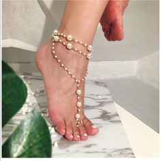 1 Pair Pearl Anklet Ring Gold Barefoot Sandals Boho Feet Jewelry, Gold Barefoot Sandals Wedding, Green Foot Jewelry, Bohemian Barefoot Sandals, Pearl Barefoot Sandals, Pearl Ankle Bracelet, Foot Chain, Barefoot Sandal, Pearl Anklet