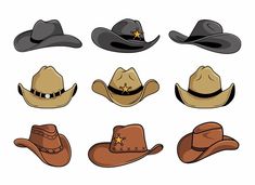 six cowboy hats in different styles and colors