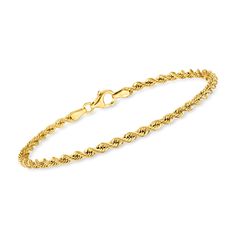 Ross-Simons - Italian 2.7mm 18kt Yellow Gold Rope-Chain Bracelet. 7". There's always room for another chain in your stack! Keep your style classic by adding in our 2.7mm rope-chain bracelet, which gives off a warm glimmer in polished 18kt yellow gold. Made in Italy. Lobster clasp, 18kt yellow gold rope-chain bracelet. Classic Gold Bracelets With Rope Chain, Classic Yellow Gold Chain Bracelet With Diamond Cut, Classic Rope Chain Bracelet, Elegant Rope Chain Link Bracelets, Elegant Bracelets With Link Rope Chain, Elegant Bracelets With Rope Chain And Link Shape, Classic Rope Chain Bracelet Jewelry, Elegant Bracelets With Rope Chain Link, Classic 14k Gold Bracelet With Rope Chain