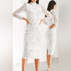 Size Us 8 White Midi Dress For Banquet, White Midi Length Dress For Banquet, White Sequined Dress For Banquets, White Sequined Dress For Banquet, Elegant Embellished Dresses For Events, White Knee-length Dress For Banquet, Elegant Long Sleeve Event Dress, White Elegant Dress For Events, Elegant White Dress For Events