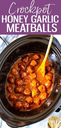 crockpot honey garlic meatballs in a slow cooker with text overlay