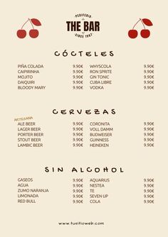 a menu for the bar with different types of food and drinks on it, including cherries