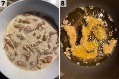 two pictures side by side, one with food in it and the other showing what is cooking