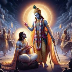 there is a man sitting on the ground in front of an image of lord rama