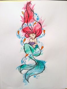 a drawing of a mermaid with pink hair