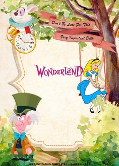 the alice and wonderland movie poster is displayed in front of a tree with an old fashioned clock