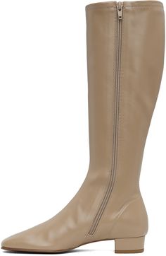 Knee-high grained leather boots in taupe. · Square toe · Zip closure at inner side · Covered block heel with rubber injection · Leather sole · Heel: H1 Supplier color: Taupe Beige Leather Knee-high Boots Medium Width, Beige Leather Knee-high Boots With Comfort Fit, Beige Calf Leather Boots With Reinforced Heel, Beige Leather Knee-high Heeled Boots, Beige Leather Heeled Boots With Wide Calf, Modern Beige Calf Leather Boots, Beige Leather Knee-high Boots For Work, Modern Beige Leather Heeled Boots, Beige Calf Leather Heeled Boots With Round Toe