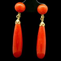 -Stone(s)- (4) Natural Genuine Coral- Rich Orangey-Red Color - 27mm & 8mm (approx.) Material: Solid 18k Yellow Gold Weight: 7.1 Grams Backing: Clip-On (Pierced ears not required - can not add posts) Overall Width: 8mm (round coral) - 7.51 (teardrop coral) Overall Height: 41.13mm (1.62")  Condition: Shows minor wear consistent with age. Very good overall condition. Stock Number: JO-40040121-04220244-PAR Formal Hallmarked Dangle Clip-on Earrings, Formal Dangle Clip-on Earrings, Classic Drop Shape Clip-on Jewelry, Classic Clip-on Dangle Jewelry, Classic Clip-on Drop Jewelry, Montclair Nj, Natural Coral, Pierced Ears, Clip On