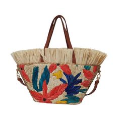 "Material: Bancuan, with Raffia Fringes and Embroidery, Genuine Leather Handles, Fabric Lining Dimensions: SMALL:  Top - 15\" ; Base - 8.5\" ; Depth 5\" ; Height - 7\" LARGE:  Top - 16\" ; Base - 12\" ; Depth 7\" ; Height - 10\"" Multicolor Large Capacity Straw Bag For Vacation, Bohemian Handheld Bucket Bag For Beach Season, Embroidered Travel Bags For Beach Season, Multicolor Handheld Shoulder Bag For Vacation, Multicolor Bucket Shoulder Bag For Vacation, Multicolor Straw Shoulder Bag For Summer, Multicolor Large Capacity Straw Bag For Summer, Casual Embroidered Straw Tote Bag, Embroidered Tote Bag For Beach Season