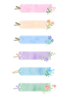 four watercolor tags with flowers and ribbons hanging from the top, one is empty