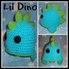 crocheted blue and green dinosaur hat with black eyes, nose and ears on top