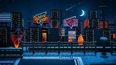 an animated cityscape with neon lights at night