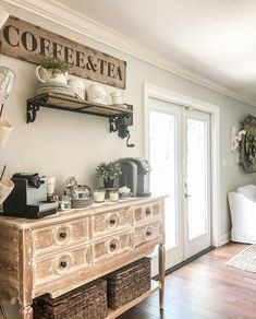 a coffee and tea bar in the corner of a room