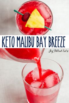 the keto malbu bay breeze is being poured into a glass with ice cubes