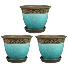 three teal colored bowls sitting next to each other