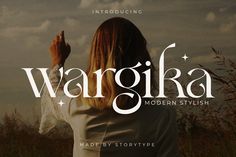 a woman standing in the grass with her hands up to her face, and text that reads wargika modern stylish made by story type