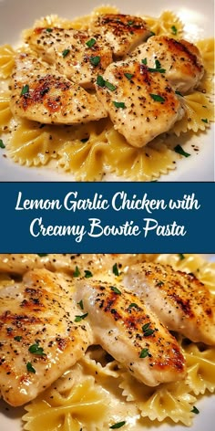 lemon garlic chicken with creamy broccoli pasta on a white plate and in the background, there is a blue border that reads lemon garlic chicken with creamy broccoli pasta