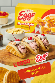 eggo's home style banana waffles with ice cream and cherry syrup