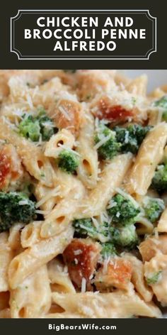 chicken and broccoli penne alfredo on a white plate with text overlay