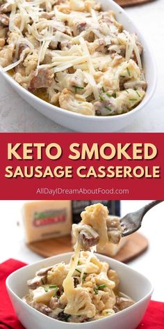 keto - smoked sausage casserole in a white bowl