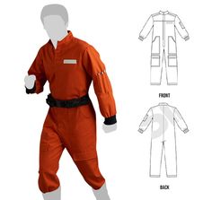 an orange jumpsuit is shown in three different views, including the front and back