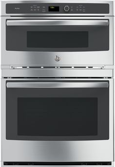 two stainless steel ovens side by side