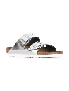 Birkenstock metallic buckled sliders Silver Slides With Leather Footbed For Summer, Modern Slide Mules With Buckle Closure, Silver Slides With Leather Footbed, Modern Silver Sandals With Buckle Closure, Casual Silver Leather Slides, Silver Round Toe Slides With Buckle Closure, Silver Open Toe Slides With Buckle Closure, Silver Open Toe Slides With Buckle, Birkenstock Metallic