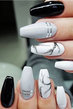 White Black Nails Design, Grey And Black Nails Designs, Black White And Grey Nails, White And Black Nails Design, Grey And Black Nails, Black And White Marble Nails, Grey And White Nails, Black And White Nails Designs, Nail Ideas For Black Women