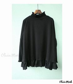 Olivia Mark - Chic and Artistic Mandarin Collar Loose Fit Shirt with Crochet Hem and Wide Sleeves, Ideal as a High-Necked Base Layer Free Size Long Sleeve Cotton Top, Loose Turtleneck, Ear Style, High Neck Designs, Loose Fit Shirts, Black F, Turtleneck Shirt, Fitted Turtleneck, Embroidered Collars