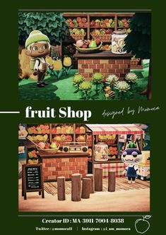 an advertisement for a fruit shop with cartoon characters in the front and side by side